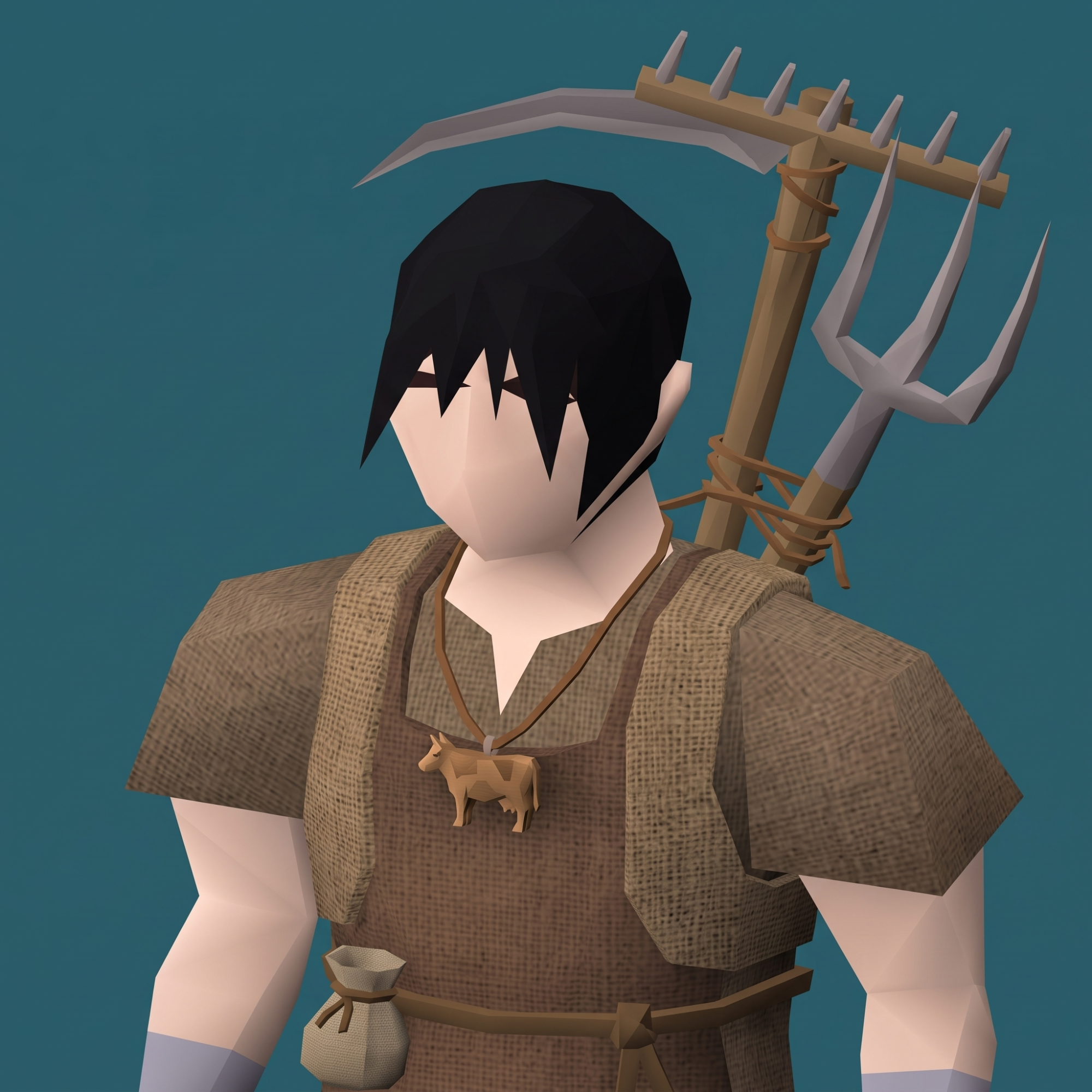 RSTR adventurer wearing farmer gear with a scythe and pitchfork, cow charm necklace