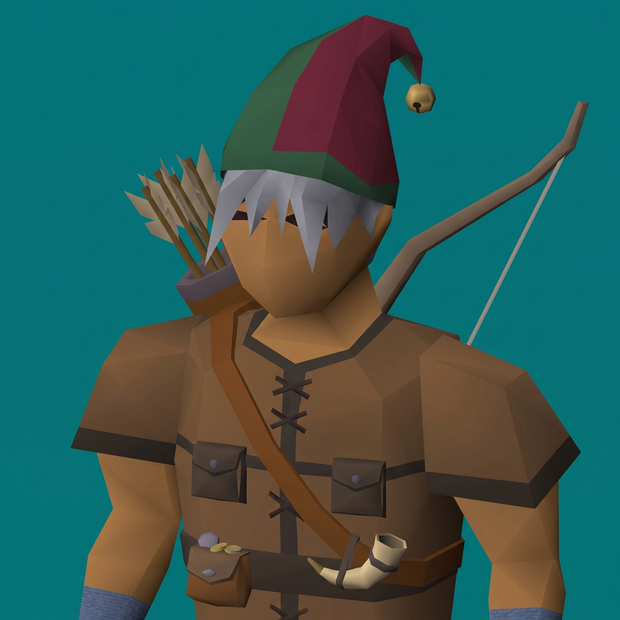 RSTR adventurer wearing a festive bell hat with bow, quiver and belt pouches
