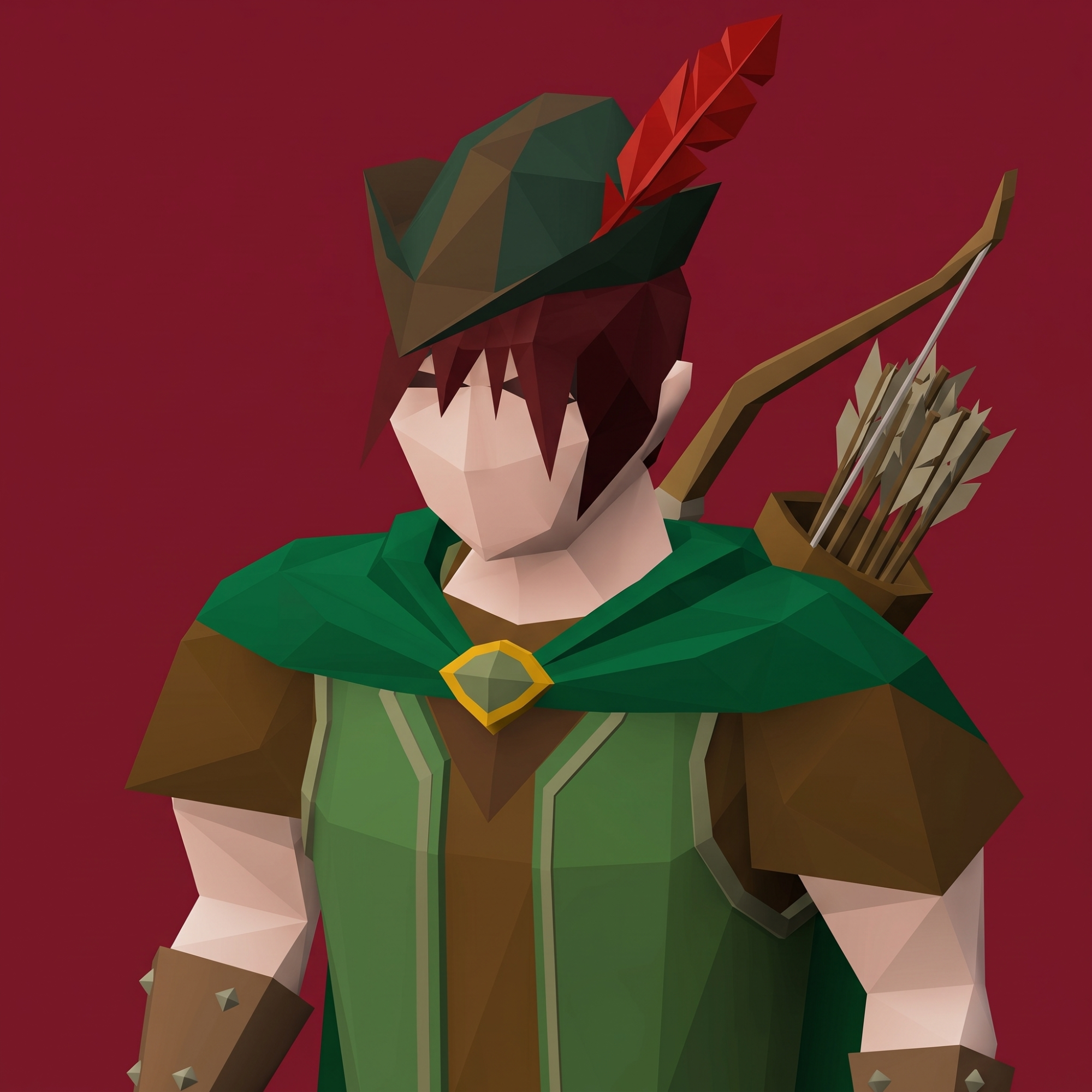 RSTR adventurer wearing a Robin Hood hat with a red feather, green cape, bow and arrows