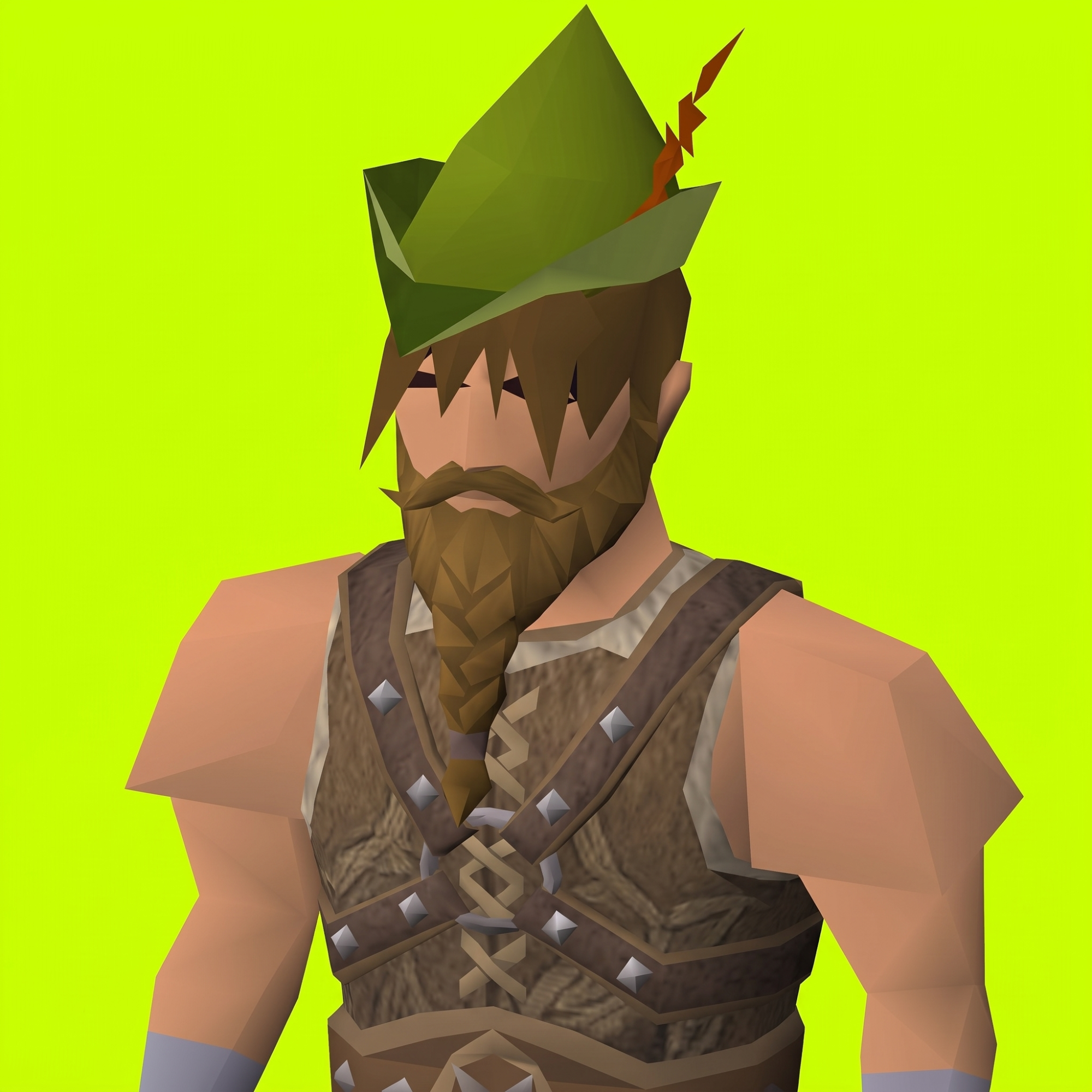 RSTR adventurer wearing a Robin Hood hat with a full beard and studded leather vest